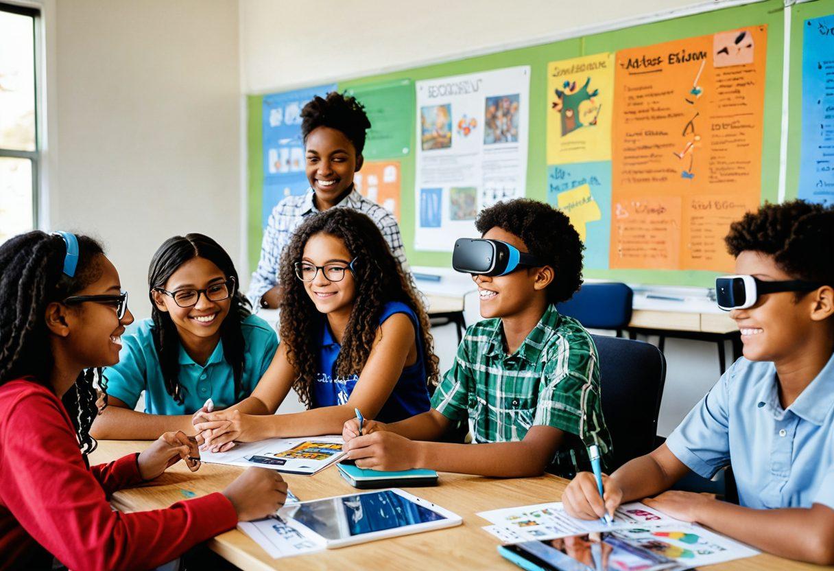 A vibrant classroom scene filled with diverse K-12 students engaging with interactive digital devices, surrounded by colorful educational posters showcasing different subjects. A teacher facilitates learning with a warm smile, while students collaborate in groups and use virtual reality headsets, bringing excitement to the learning process. The environment is bright and inviting, reflecting a modern approach to education with an emphasis on creativity and technology. super-realistic. vibrant colors. detailed illustration.