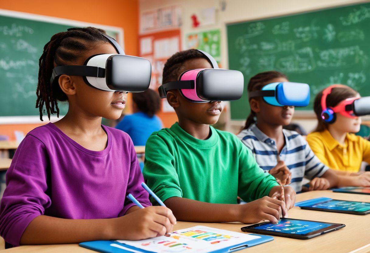 A vibrant classroom scene with diverse children engaged in interactive learning using tablets and virtual reality headsets. The environment should be filled with colorful educational posters and digital screens displaying various subjects like math and science. Include a supportive teacher guiding the students, fostering collaboration and creativity. The atmosphere should be dynamic and inspiring, embodying a modern approach to education. vivid colors. super-realistic.