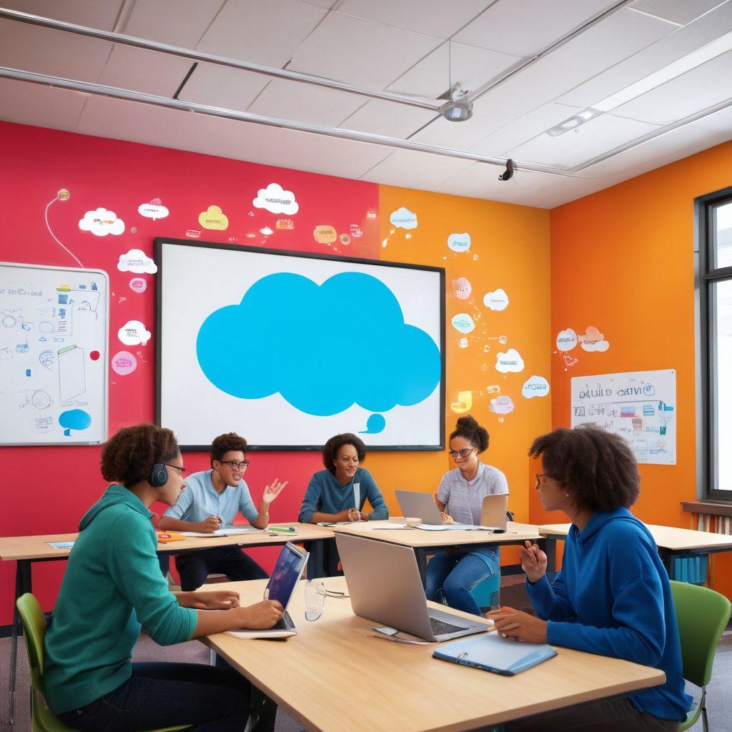 A vibrant virtual classroom filled with diverse students engaged in creative online activities like brainstorming, collaborating on digital whiteboards, and interacting with colorful educational tools. The scene showcases various interactive elements symbolizing engagement, such as chat bubbles and thought clouds, with a bright and inviting color palette. Elements of technology like laptops and tablets are prominently featured. super-realistic. vibrant colors. 3D.